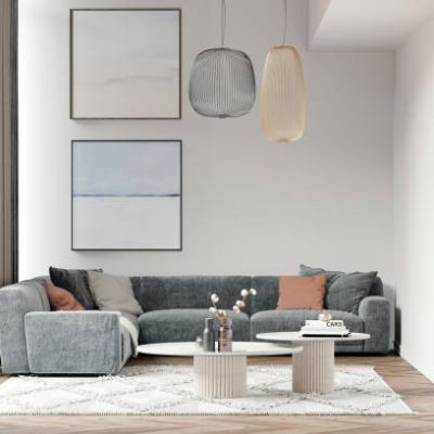Living room interior with gray sofa, carpet and white coffee tables on the floor. Render image.