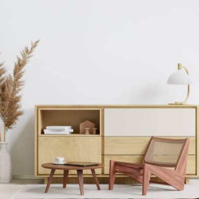 A 3D rendering of a small minimalistic drawer in a modern living room